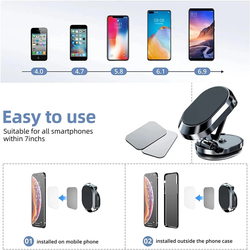 1080 Rotatable Magnetic Car Phone Holder Magnet Smartphone Support GPS Foldable Phone Bracket in Car for Iphone, Samsung, Xiaomi