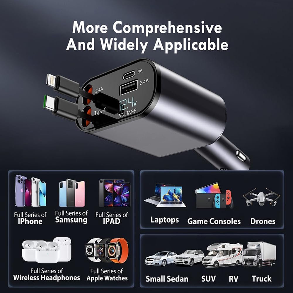 Retractable Car Phone Charger, 100W 4 in 1 Super Fast Charger, Retractable Cables (31.5 Inch) and 2 USB Ports Adapter for iPhone 15/14/13/12 Pro Max Xr, Ipad, Samsung, Pixel