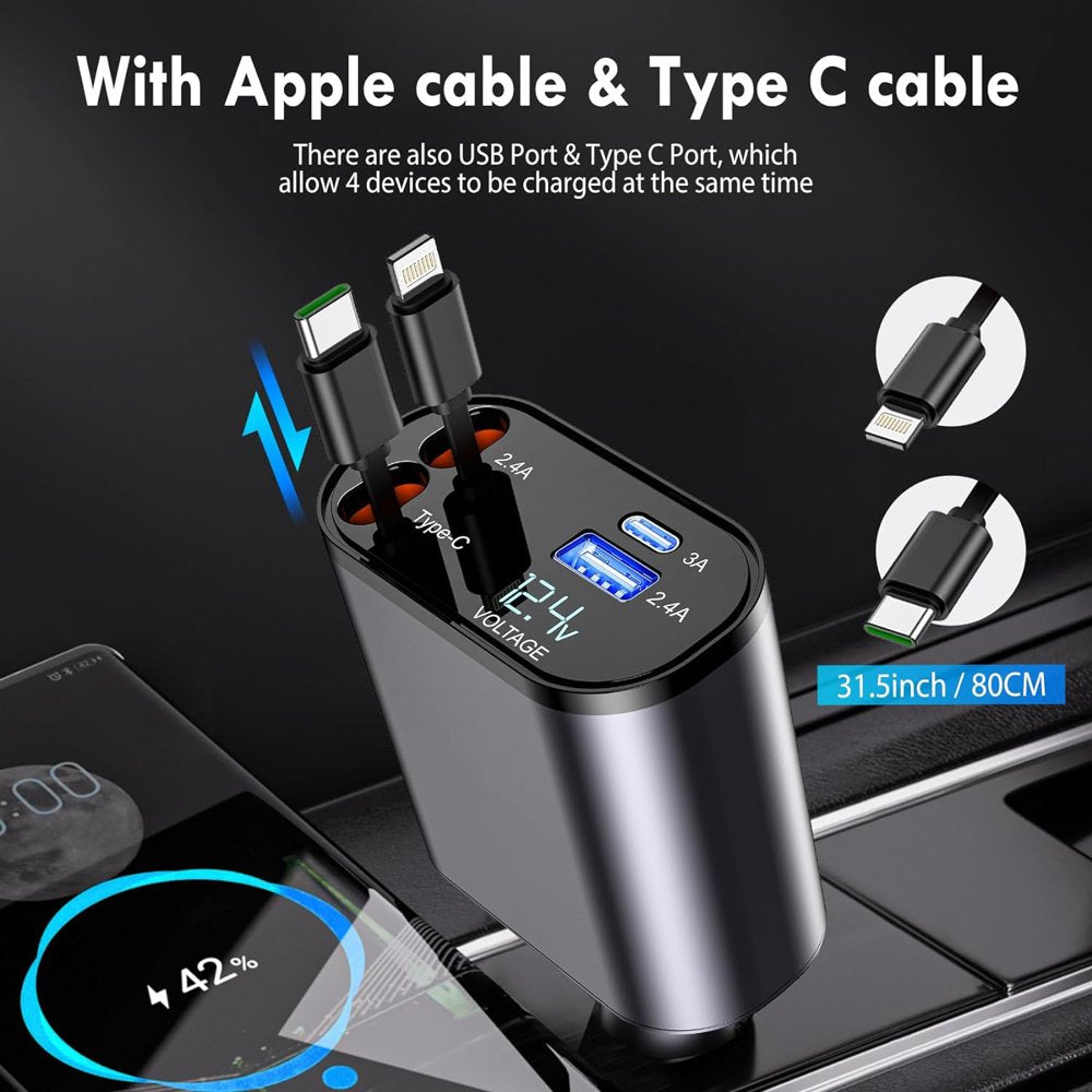 Retractable Car Phone Charger, 100W 4 in 1 Super Fast Charger, Retractable Cables (31.5 Inch) and 2 USB Ports Adapter for iPhone 15/14/13/12 Pro Max Xr, Ipad, Samsung, Pixel