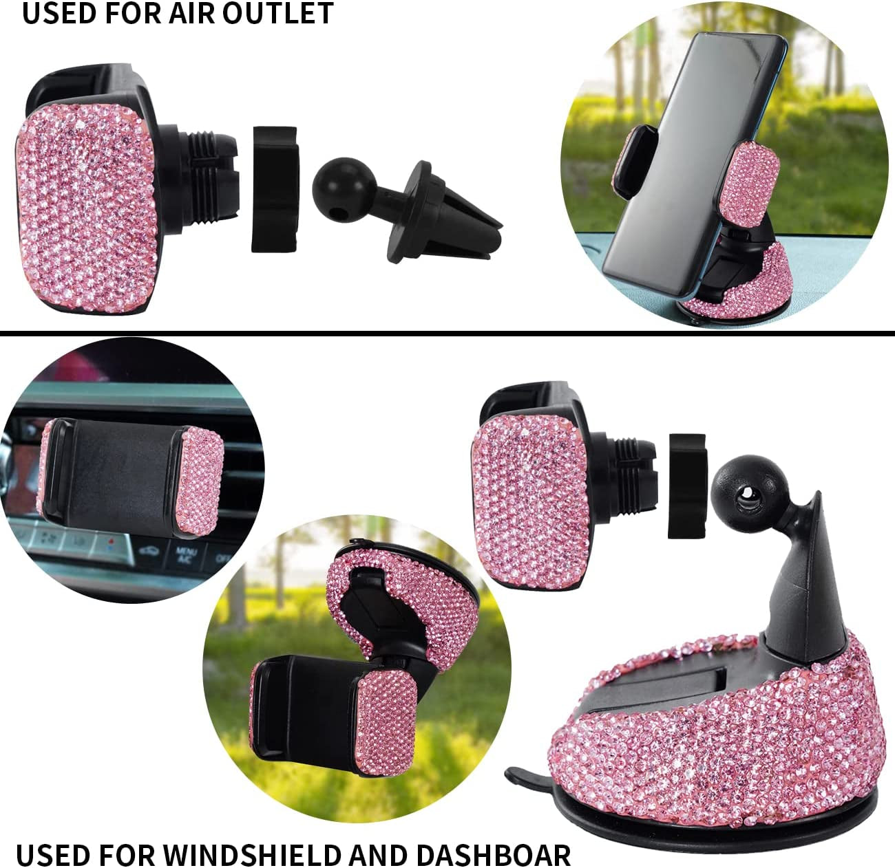 Bling Car Phone Holder,Rhinestone Bling Crystal Car Phone Mount,With One Air Vent Base,Universal Cell Phone Holder for Dashboard,Windshield and Air Vent (Pink)