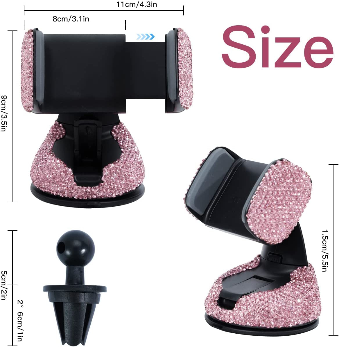 Bling Car Phone Holder,Rhinestone Bling Crystal Car Phone Mount,With One Air Vent Base,Universal Cell Phone Holder for Dashboard,Windshield and Air Vent (Pink)