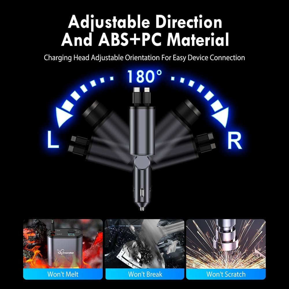 Retractable Car Phone Charger, 100W 4 in 1 Super Fast Charger, Retractable Cables (31.5 Inch) and 2 USB Ports Adapter for iPhone 15/14/13/12 Pro Max Xr, Ipad, Samsung, Pixel