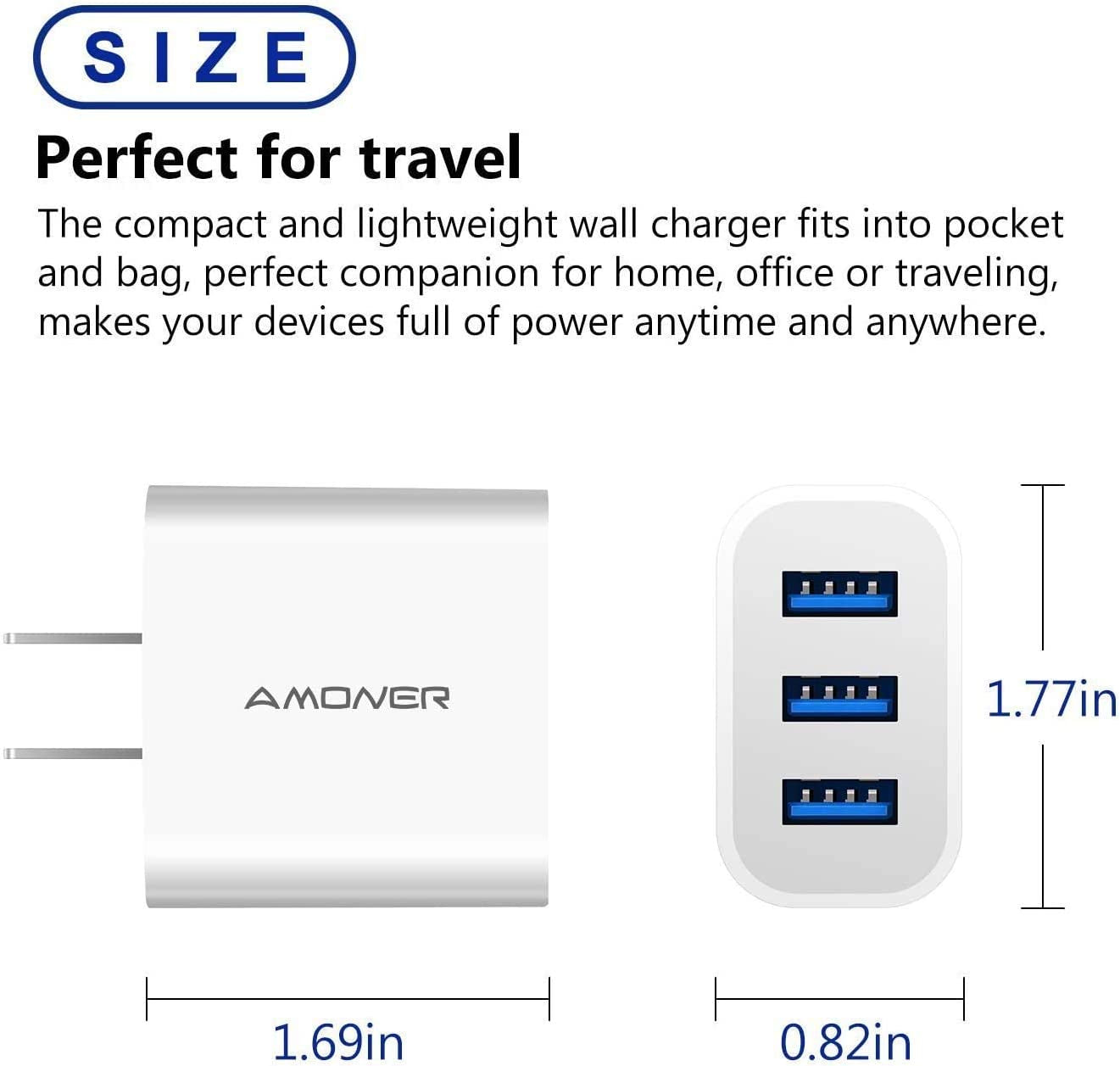 USB Wall Charger, 2Pack 15W 3-Port USB Plug Cube USB Cube Power Adapter for Iphone 14/13/12/11/Pro/Promax/Xs/Xr/X/8, Galaxy S22 S21 and More and More