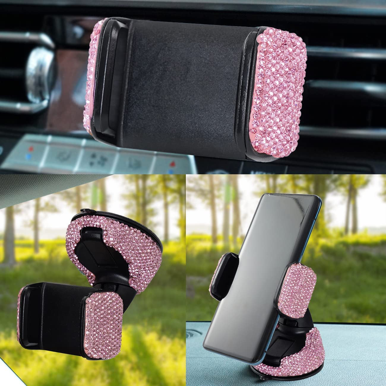 Bling Car Phone Holder,Rhinestone Bling Crystal Car Phone Mount,With One Air Vent Base,Universal Cell Phone Holder for Dashboard,Windshield and Air Vent (Pink)