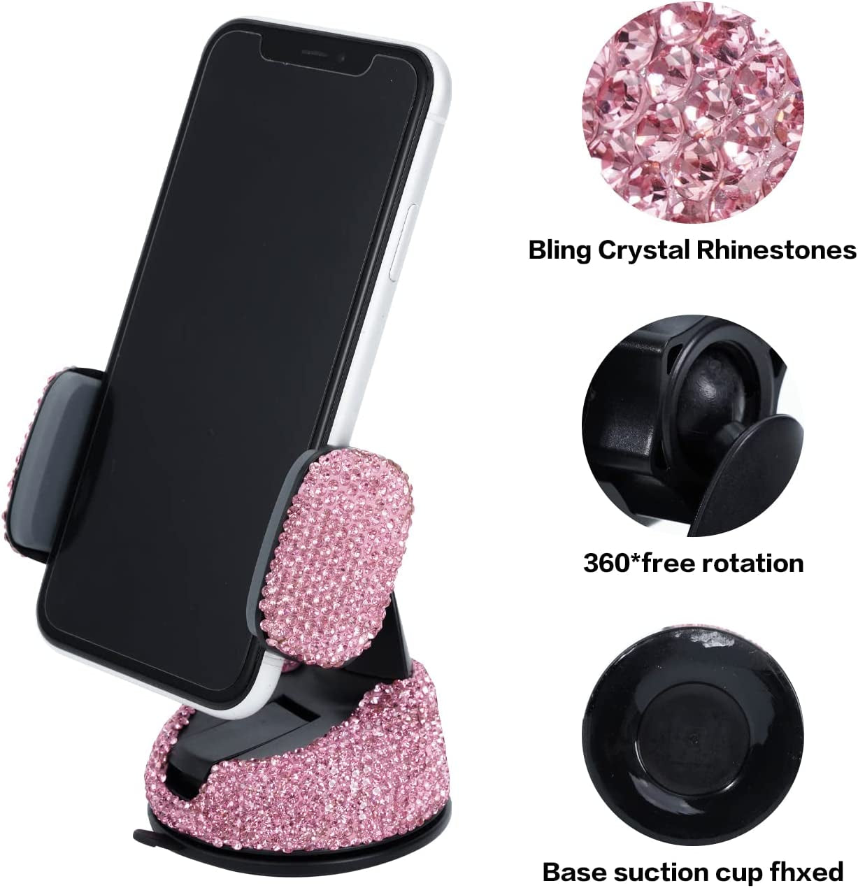 Bling Car Phone Holder,Rhinestone Bling Crystal Car Phone Mount,With One Air Vent Base,Universal Cell Phone Holder for Dashboard,Windshield and Air Vent (Pink)