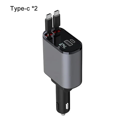 2024 New Retractable Fast Car Phone Charger, 4 In1, Retractable Cables And 2 USB Ports Car Charger Adapter