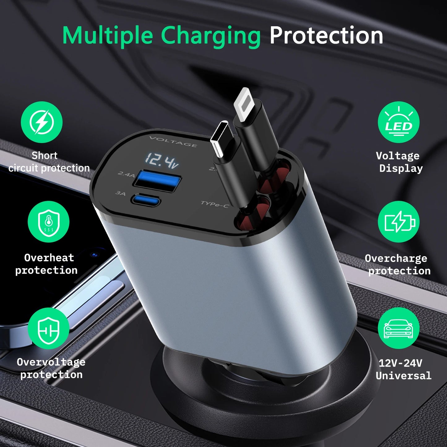 2024 New Retractable Fast Car Phone Charger, 4 In1, Retractable Cables And 2 USB Ports Car Charger Adapter