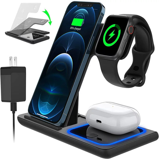 3 in 1 Wireless Charger, 18W Fast Charger Pad Stand Charging Station Dock for Iwatch Series SE, Airpods Pro, Iphones Pro Max/12, Mini /XR (With QC3.0 Adapter)