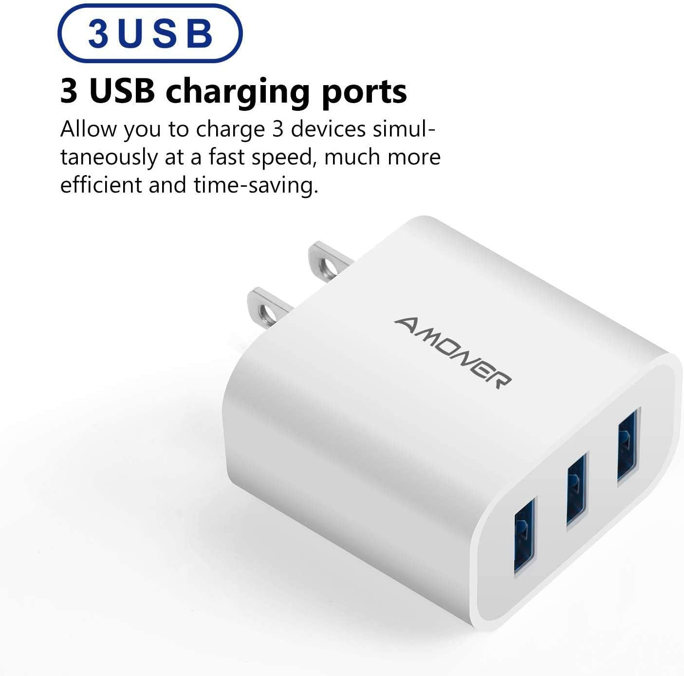 USB Wall Charger,  2Pack 15W 3-Port USB Plug Cube USB Cube Power Adapter for Iphone 14/13/12/11/Pro/Promax/Xs/Xr/X/8, Galaxy S22 S21 and More and More