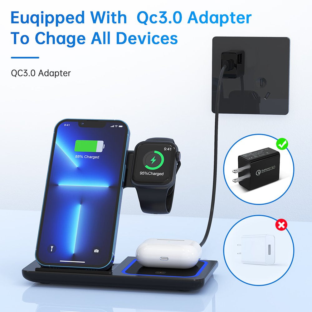 3 in 1 Wireless Charger, 18W Fast Charger Pad Stand Charging Station Dock for Iwatch Series SE, Airpods Pro, Iphones Pro Max/12, Mini /XR (With QC3.0 Adapter)