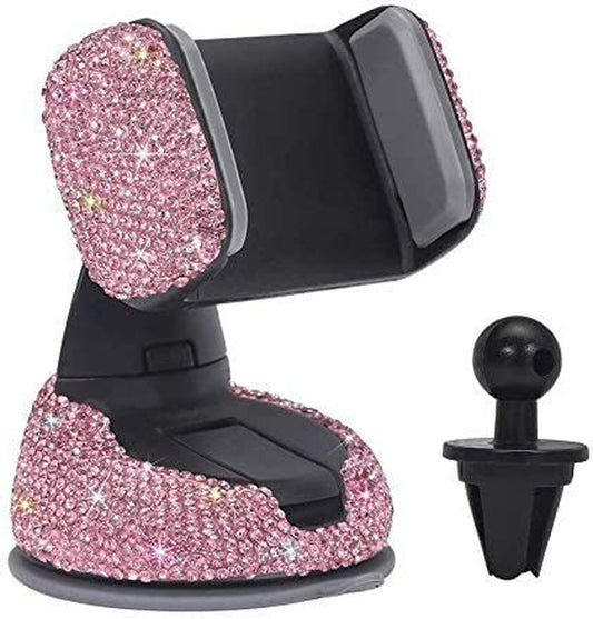 Bling Car Phone Holder,Rhinestone Bling Crystal Car Phone Mount,With One Air Vent Base,Universal Cell Phone Holder for Dashboard,Windshield and Air Vent (Pink)