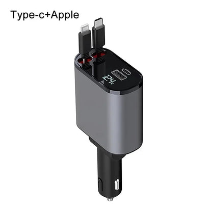 2024 New Retractable Fast Car Phone Charger, 4 In1, Retractable Cables And 2 USB Ports Car Charger Adapter