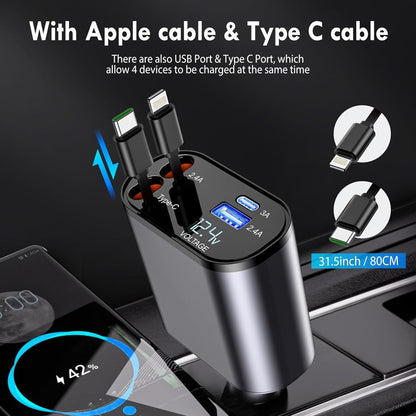 Retractable Car Phone Charger, 100W 4 in 1 Super Fast Charger, Retractable Cables (31.5 Inch) and 2 USB Ports  Adapter for iPhone 15/14/13/12 Pro Max Xr, Ipad, Samsung, Pixel