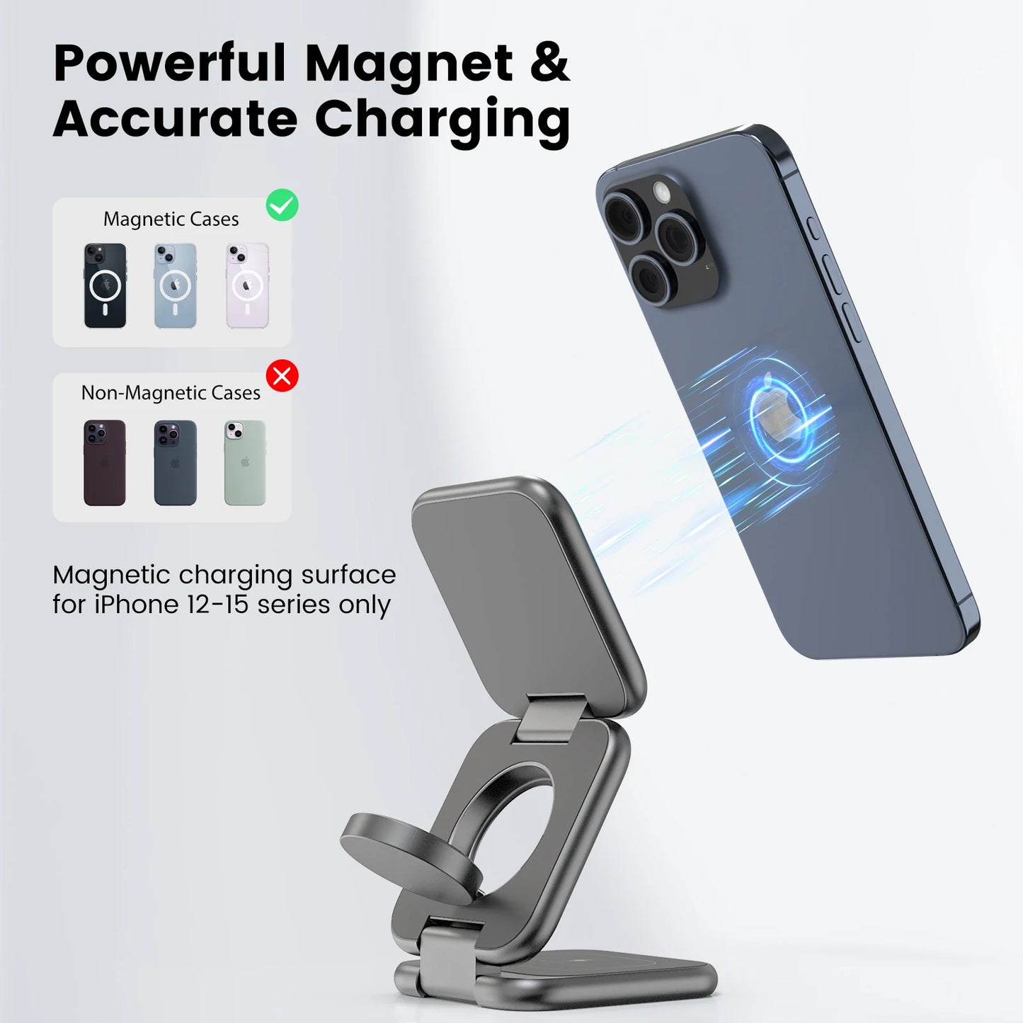 3-In-1 Foldable Magnetic Wireless Charger Stand For Apple Iphones, iWatch & Airpods
