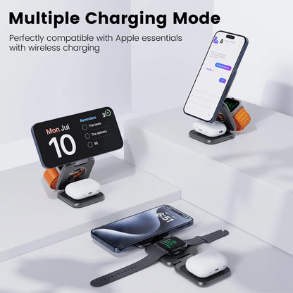 3-In-1 Foldable Magnetic Wireless Charger Stand For Apple Iphones, iWatch & Airpods