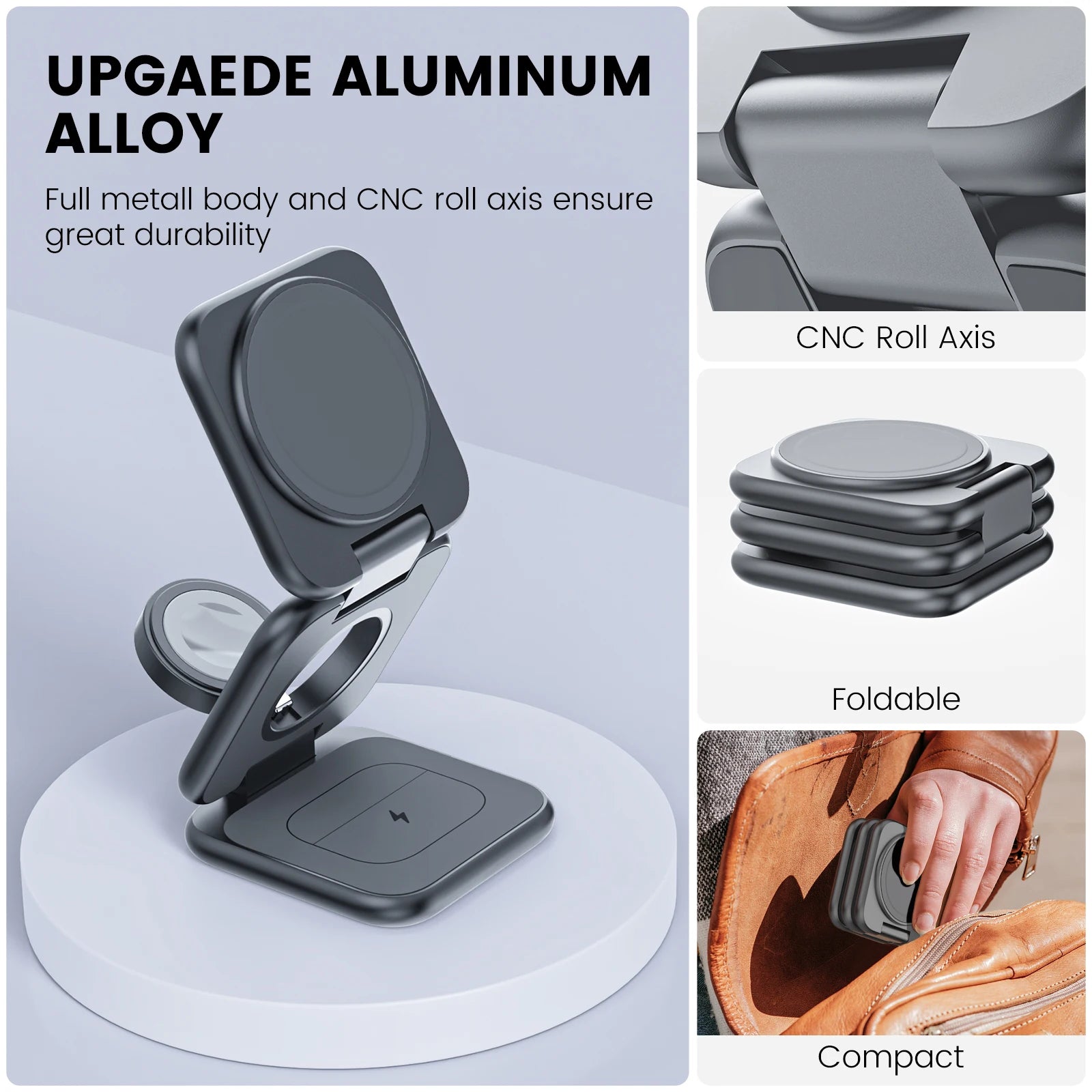 3-In-1 Foldable Magnetic Wireless Charger Stand For Apple Iphones, iWatch & Airpods