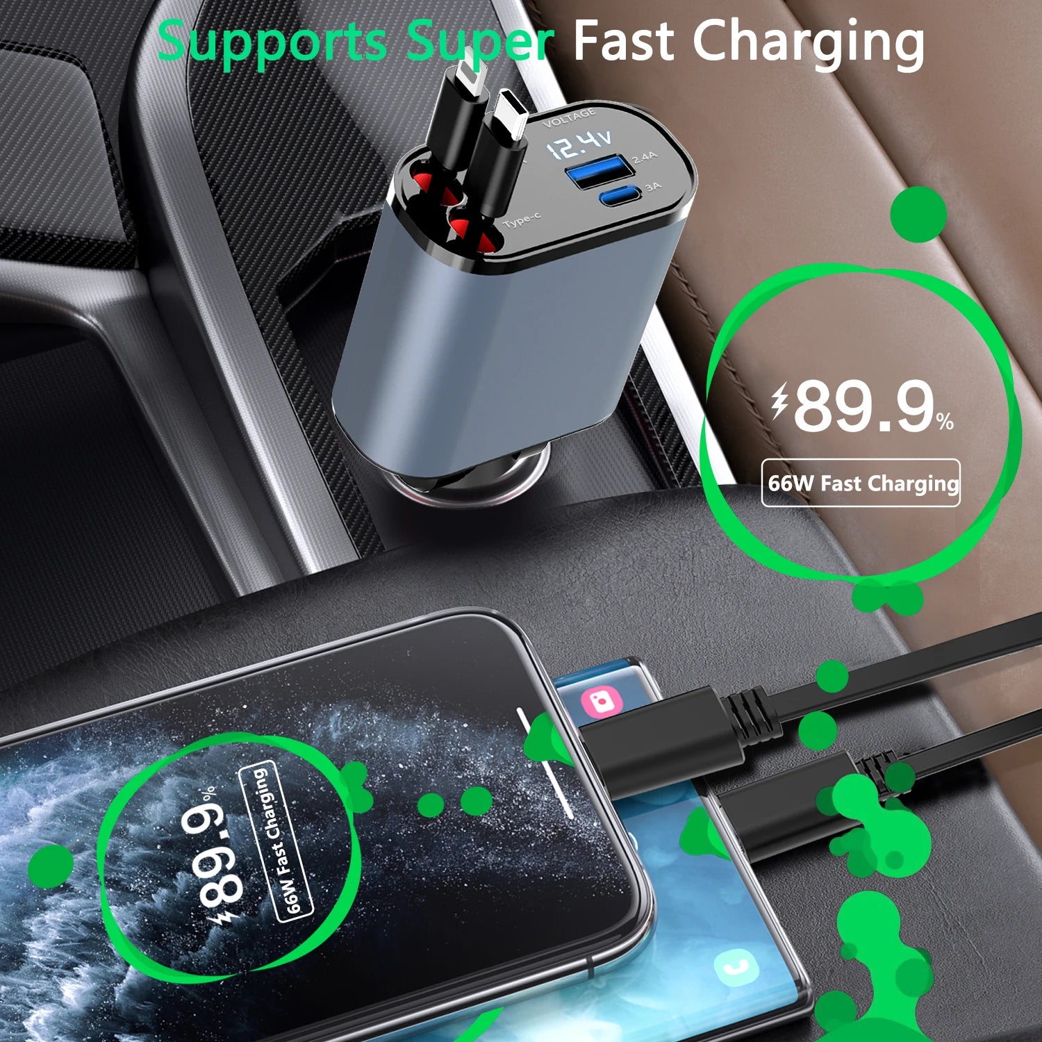 2024 New Retractable Fast Car Phone Charger, 4 In1, Retractable Cables And 2 USB Ports Car Charger Adapter