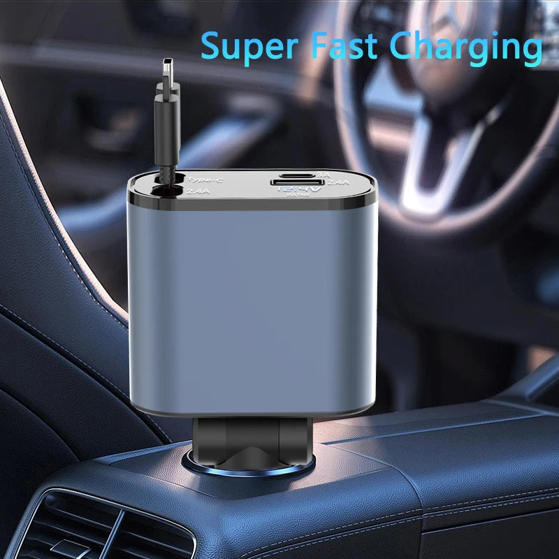 2024 New Retractable Fast Car Phone Charger, 4 In1, Retractable Cables And 2 USB Ports Car Charger Adapter